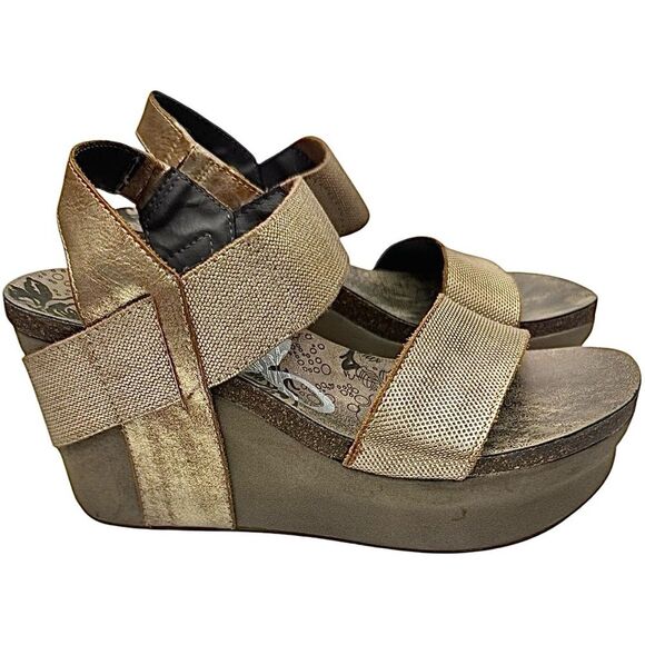 OTBT Bushnell Women’s Gold Pewter Leather Wedge Sandal Size 7 M Used Very Nice - Picture 6 of 8